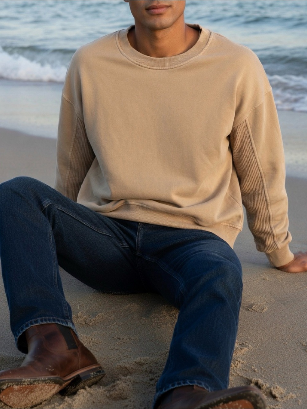 RAE MODE CAMEL OVERSIZED WAFFLE KNIT CREWNECK PULLOVER